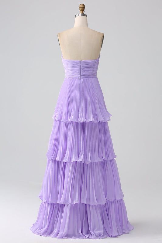 A-Line Sweetheart Lilac Tiered Chiffon Long Bridesmaid Dress with Pleated