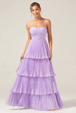 Sky Blue Sweetheart Pleated Tiered Long Bridesmaid Dress