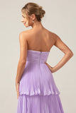 A-Line Sweetheart Tiered Chiffon Long Lilac Bridesmaid Dress with Pleated