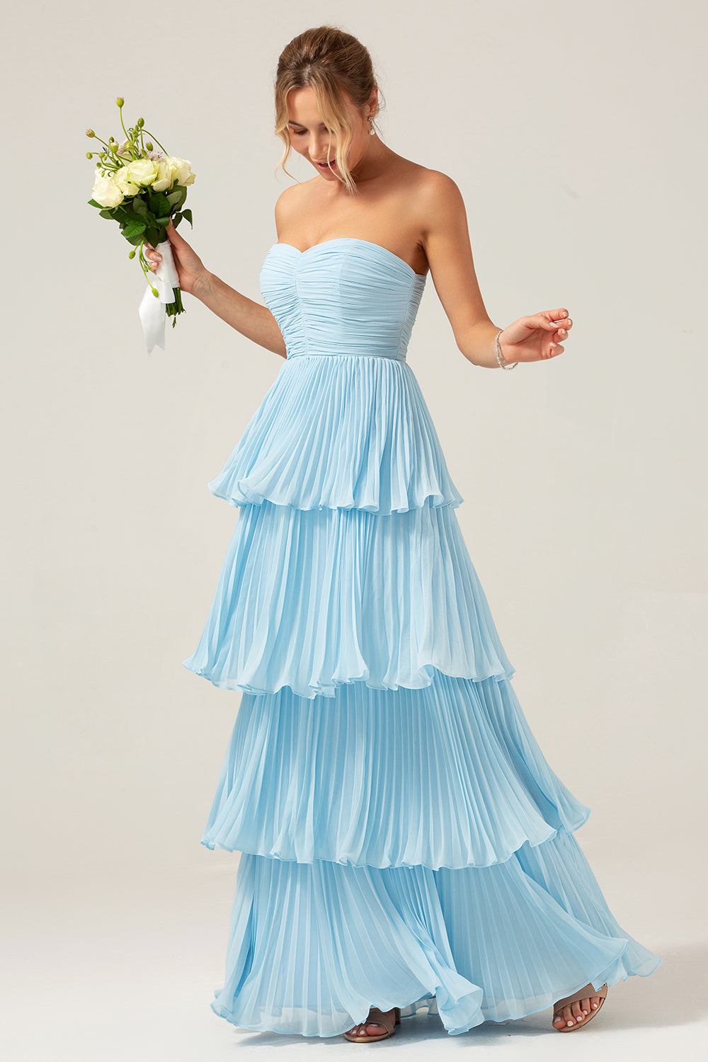Zapaka Women Strapless Bridesmaid Dress with Pleated Sky Blue A Line Long Wedding Party Dress, Chiffon Color / US2 Zapaka Women Strapless Bridesmaid Dress with Pleated Sky Blue A Line Long Wedding Party Dress, Chiffon Color / US2