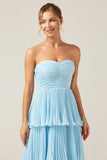 Sky Blue Sweetheart Pleated Tiered Long Bridesmaid Dress