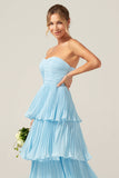 Sky Blue Sweetheart Pleated Tiered Long Bridesmaid Dress