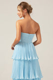 Sky Blue Sweetheart Pleated Tiered Long Bridesmaid Dress