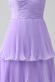 A-Line Sweetheart Lilac Tiered Chiffon Long Bridesmaid Dress with Pleated