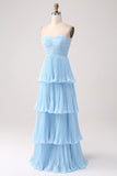 Strapless Sky Blue Prom Dress with Pleated