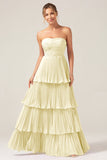 Sky Blue Sweetheart Pleated Tiered Long Bridesmaid Dress