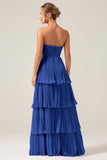 Sky Blue Sweetheart Pleated Tiered Long Bridesmaid Dress