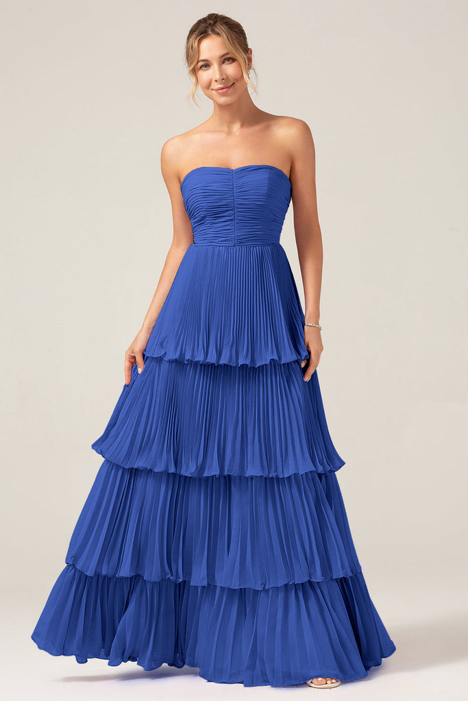 Sky Blue Pleated Long Wedding Guest Dress