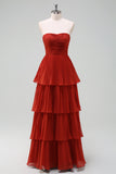 A-Line Sweetheart Rust Chiffon Bridesmaid Dress with Pleated Tiered Floor Length Wedding Guest Dress