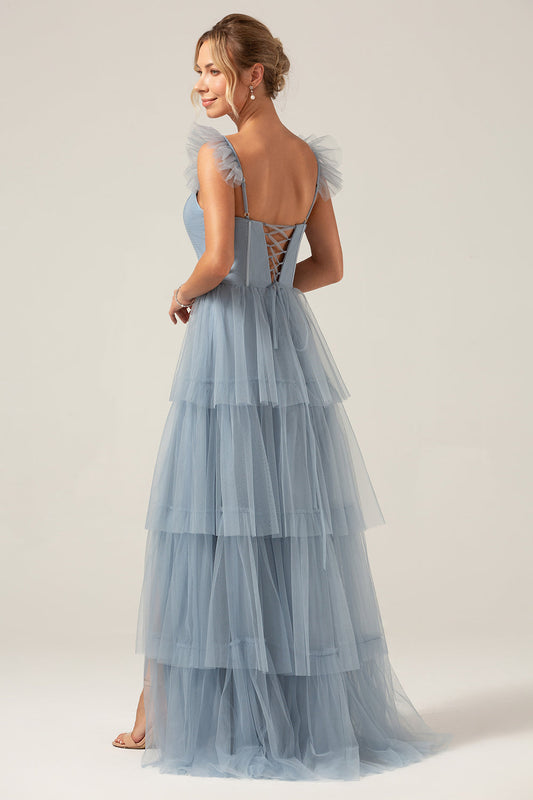 Detachable Straps A Line Tiered Long Dusty Blue Bridesmaid Dress