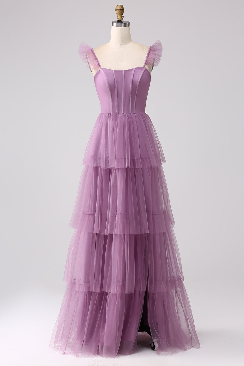 Purple A Line Tulle Tiered Pleated Long Prom Dress with Slit