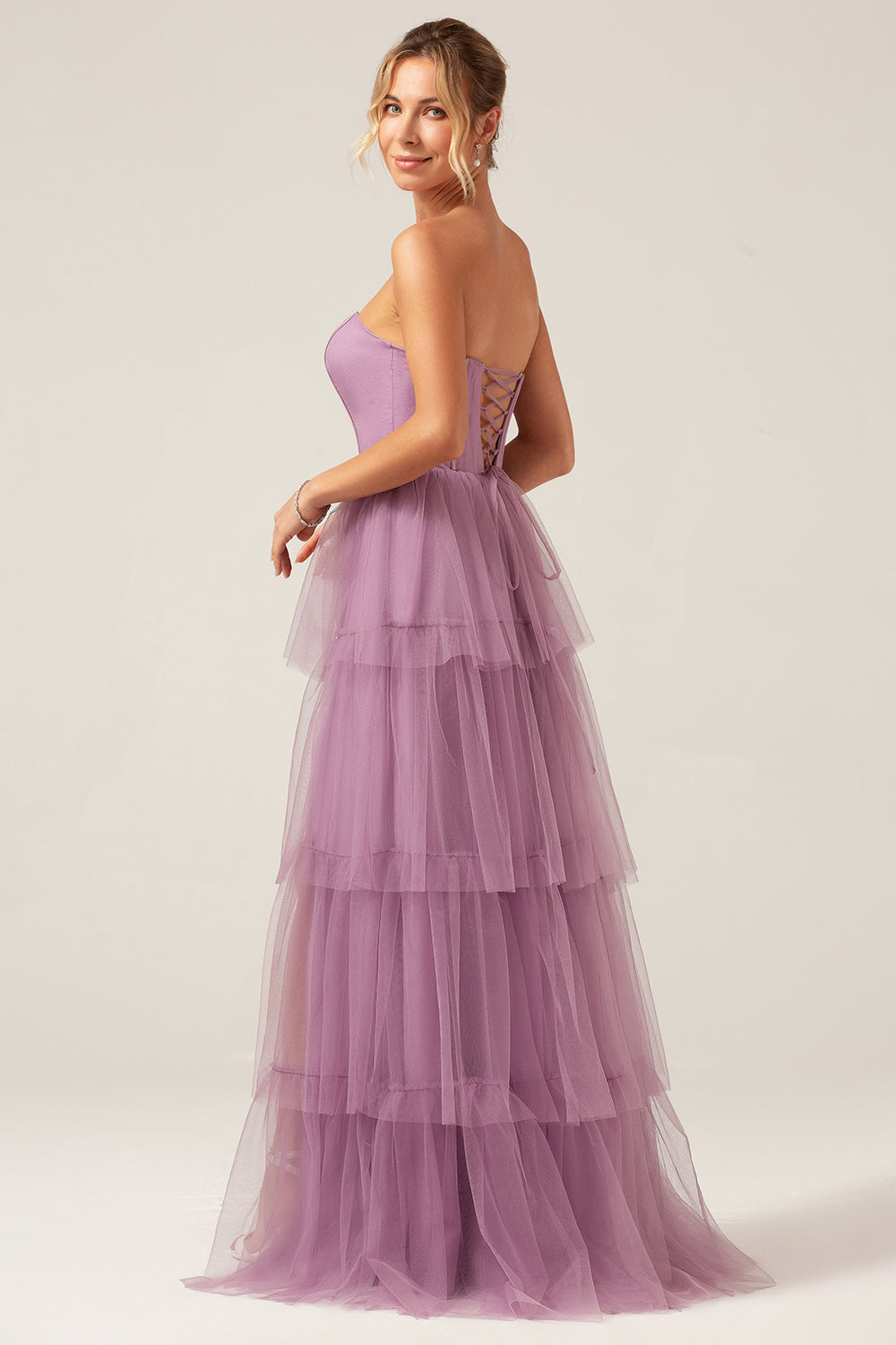 Detachable Straps A Line Purple Tiered Long Bridesmaid Dress
