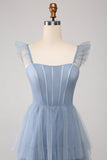 Dusty Blue A Line Tiered Tulle Corset Bridesmaid Dress with Slit