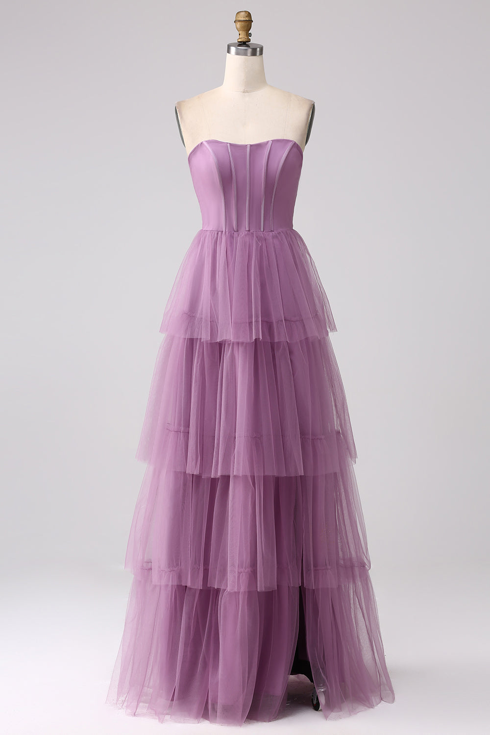 Purple A Line Tulle Tiered Pleated Long Prom Dress with Slit