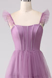 Purple A Line Tulle Tiered Pleated Long Prom Dress with Slit