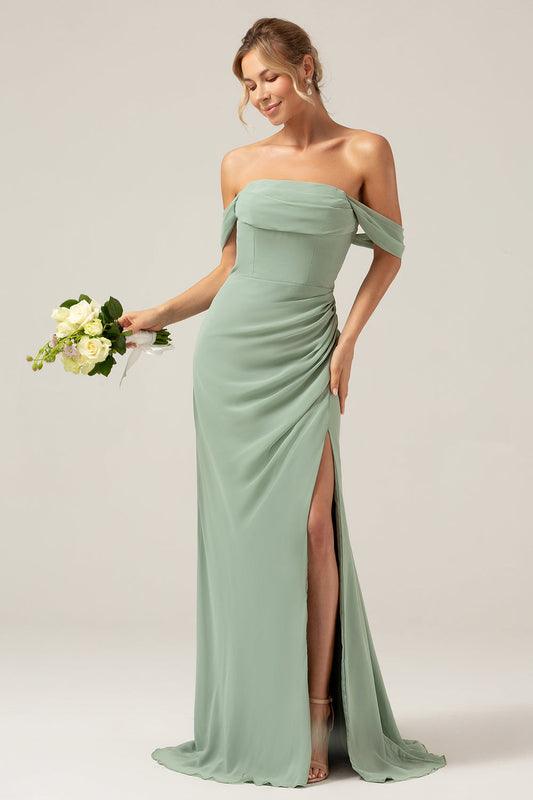 Off the Shoulder Sheath Chiffon Pleated Dusty Sage Bridesmaid Dress