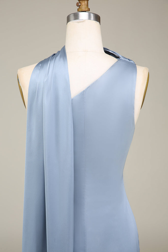 Elegant Sheath Halter Light Blue Satin Long Bridesmaid Dresses BD078