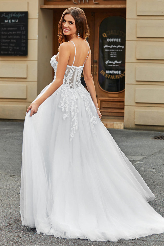 Stunning Tulle Long Spaghetti-Straps Wedding Dress