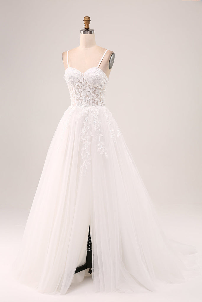 Ivory Plus Size Wedding Dress A Line Spaghetti Straps Bridal Dress with Appliques