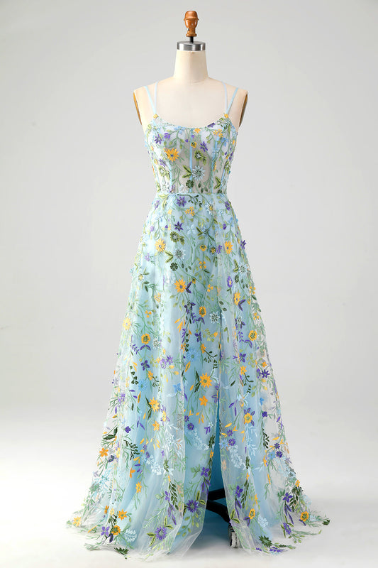 Blue Flower Prom Dress with Slit Spaghetti Straps Corset Printed Formal Dress with Embroidery