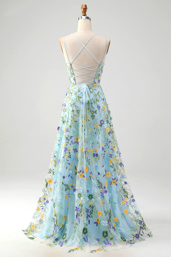 Zapakasa Women Floral Blue Long Corset Prom Dress with Slit Lace Up