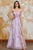 Mauve A-Line Spaghetti Straps Long Prom Dress with Appliques