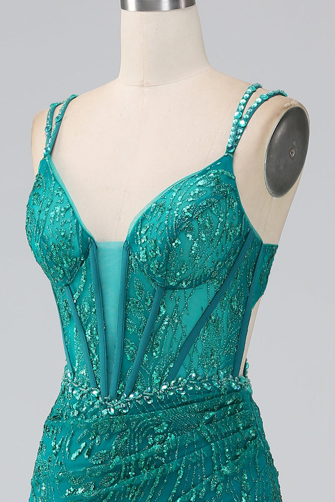 Sparkly Dark Green Spaghetti Straps Beaded Long Mermaid Ball Dress with Slit main image 0