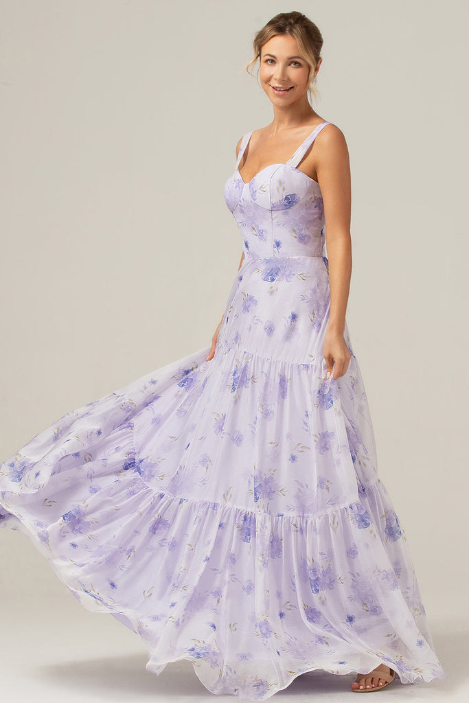 Zapakasa Women Lilac Corset Floral Long Bridesmaid Dress A-Line