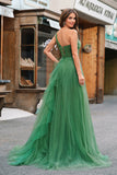 Dark Green A-Line One-Shoulder Long Prom Dresses With Long Sleeves