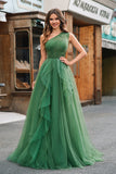 Dark Green A-Line One-Shoulder Long Prom Dresses With Long Sleeves