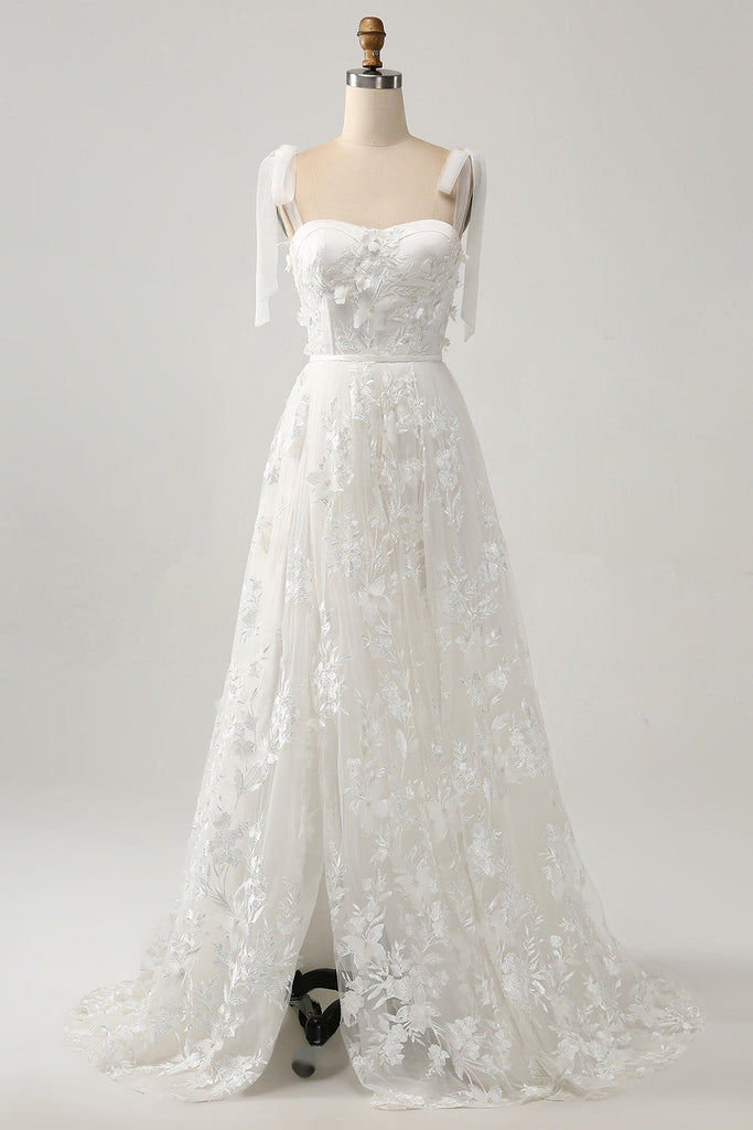 Ivory A Line Spaghetti Straps Long Wedding Dress V-neck main image 0