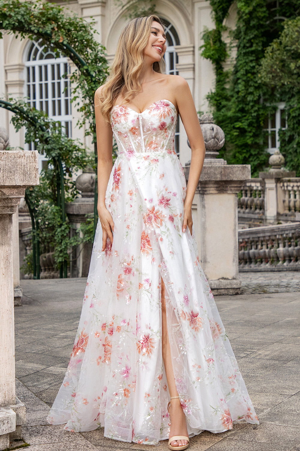 Zapakasa Women Ivory Flower Prom Dress with Slit A Line Sweetheart