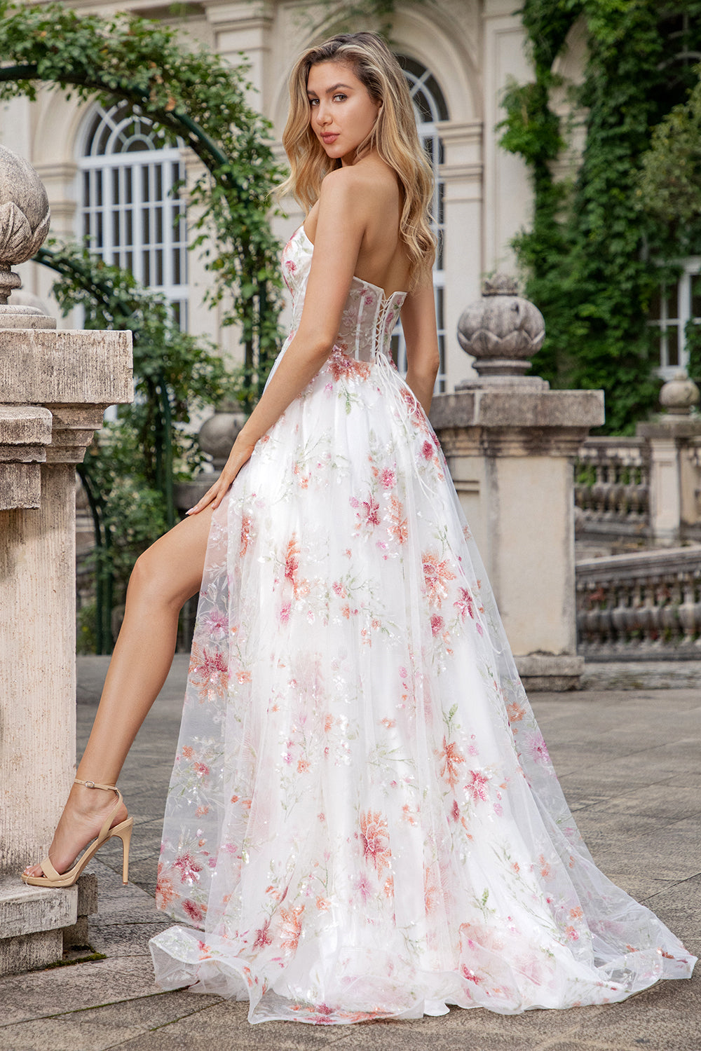 flower corset dress Zapakasa Women Ivory Flower Prom Dress with Slit A Line Sweetheart Embroidered Corset Long Wedding Dress