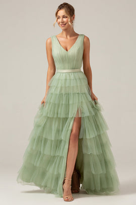 Green Tiered A Line V-Neck Tulle Long Prom Dress with Slit