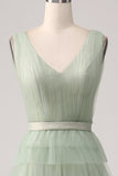 Pleated Tiered Green Prom Dress with Slit