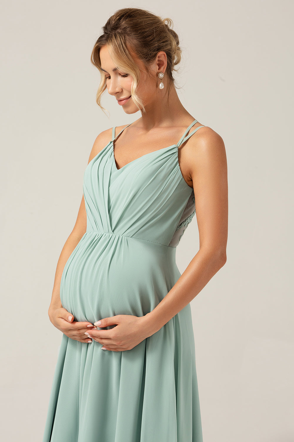Zapakasa Women Matcha Maternity Bridesmaid Dress A-Line Spaghetti Straps Backless Pleated Long Wedding Guest Dress Zapakasa Women Matcha Maternity Bridesmaid Dress A-Line Spaghetti Straps Backless Pleated Long Wedding Guest Dress