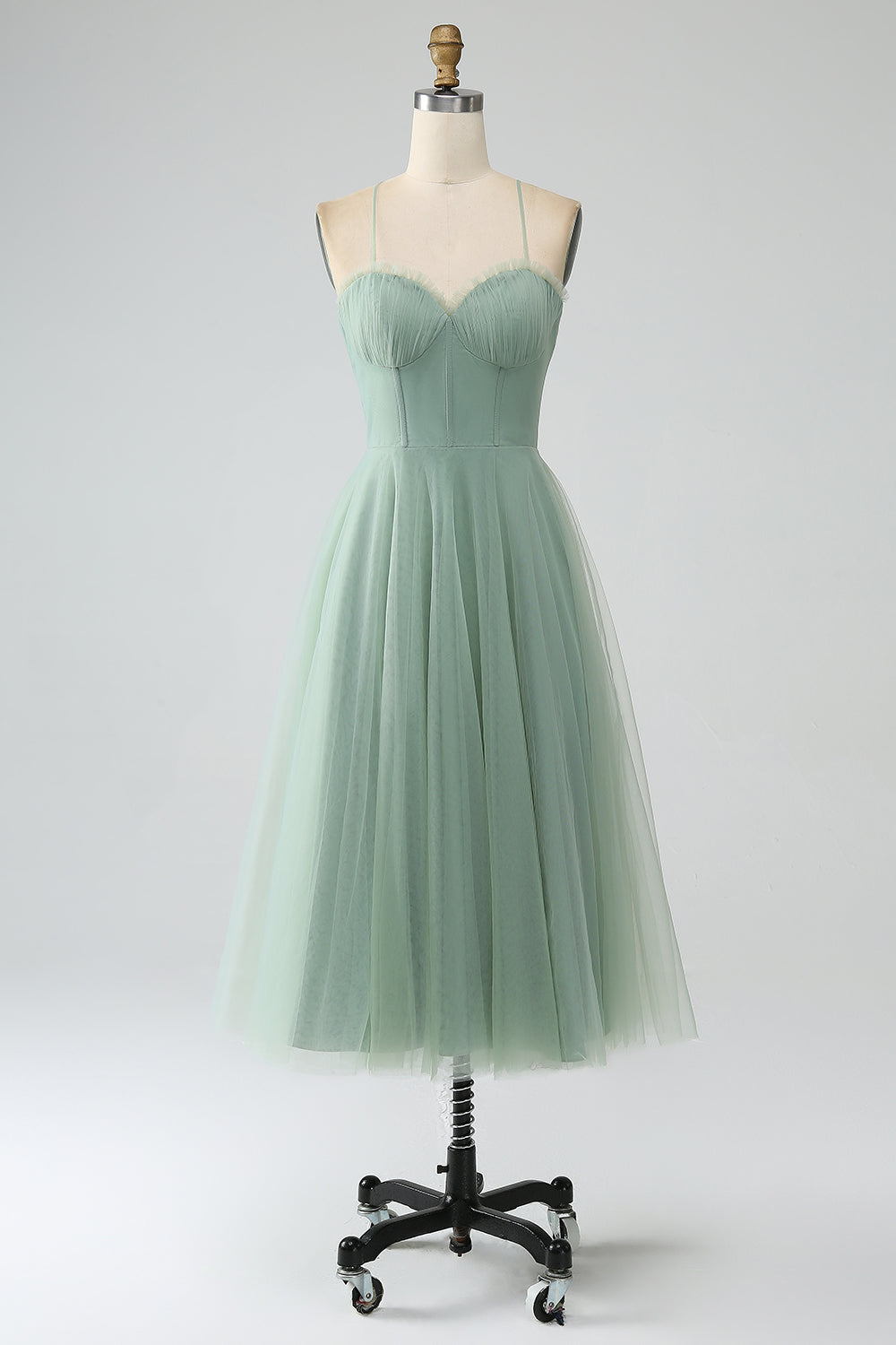 Zapakasa Women Matcha Bridesmaid Dress A-Line Spaghetti Straps Tea-Length Corset Tulle Wedding Guest Dress Zapakasa Women Matcha Bridesmaid Dress A-Line Spaghetti Straps Tea-Length Corset Tulle Wedding Guest Dress