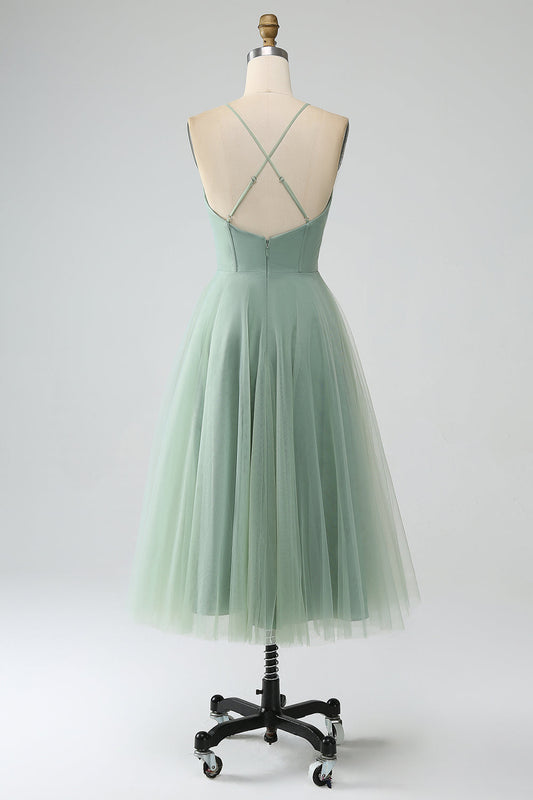 Matcha A-Line Spaghetti Straps Tea-Length Corset Tulle Bridesmaid Dress