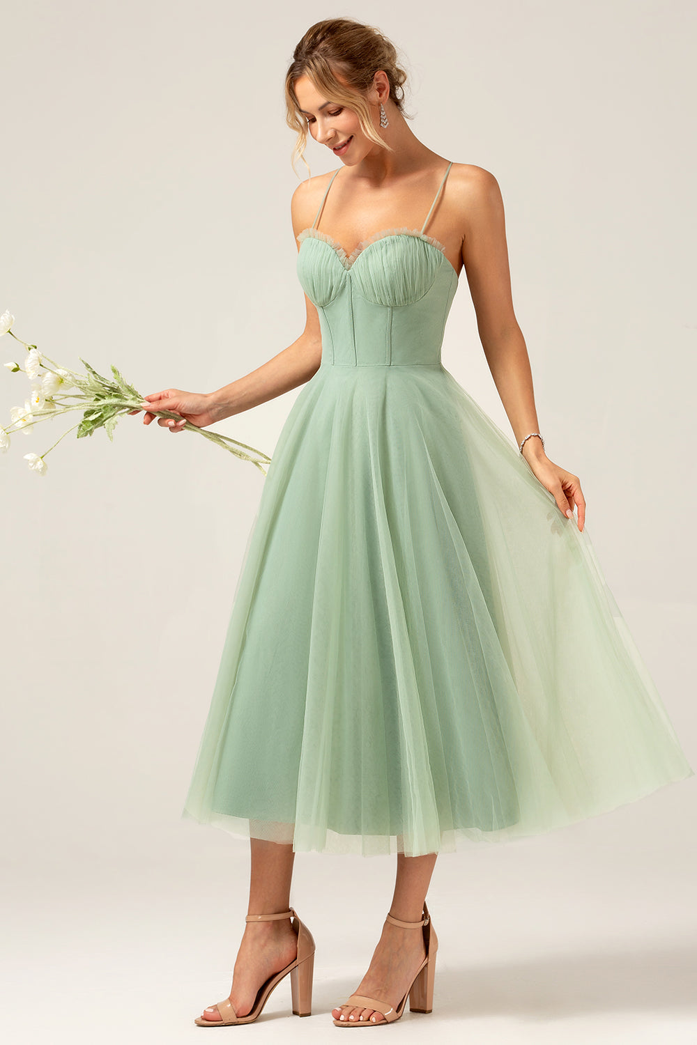 A-Line Tea-Length Corset Tulle Matcha Bridesmaid Dress