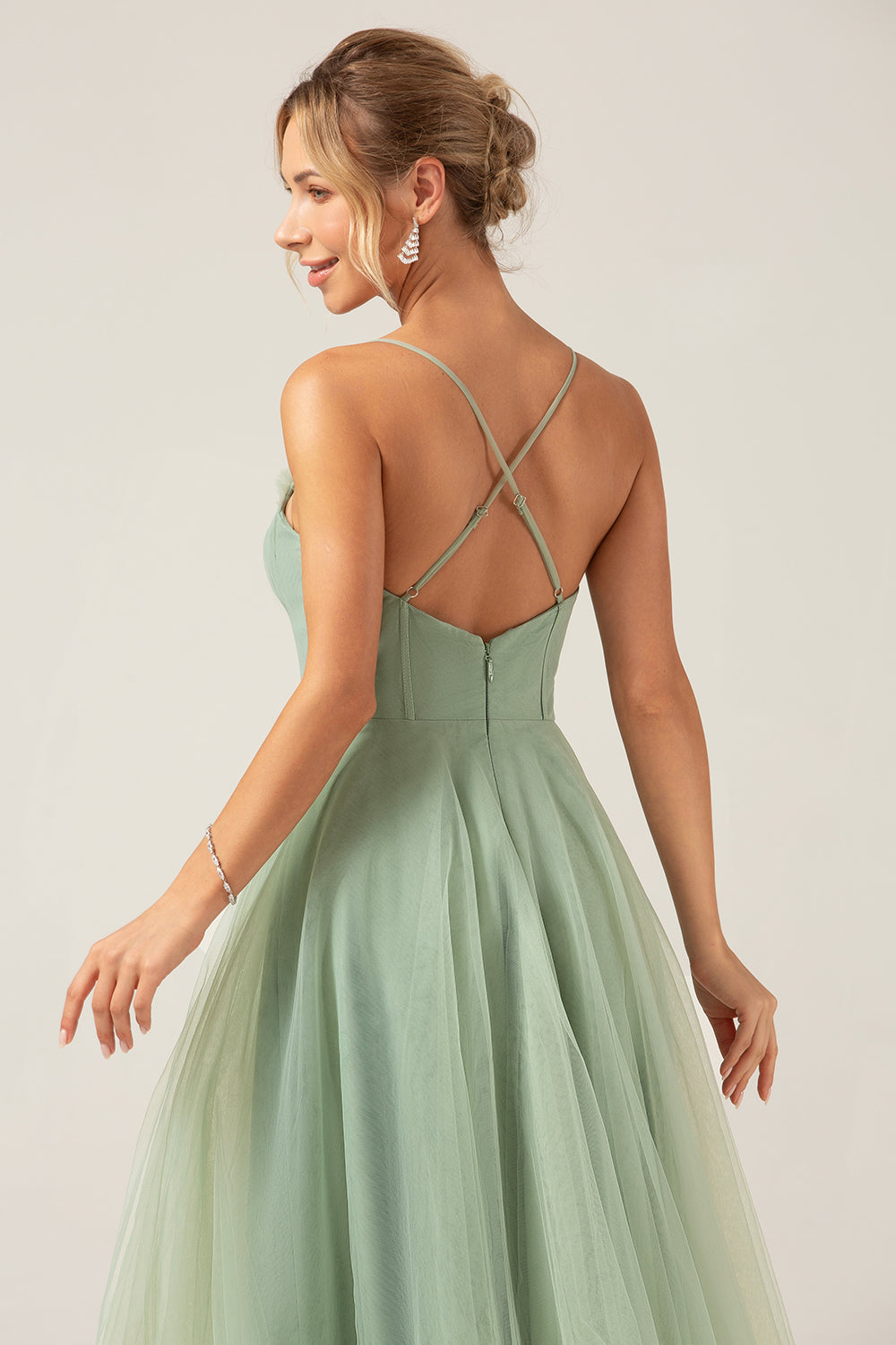 A-Line Tea-Length Corset Tulle Matcha Bridesmaid Dress