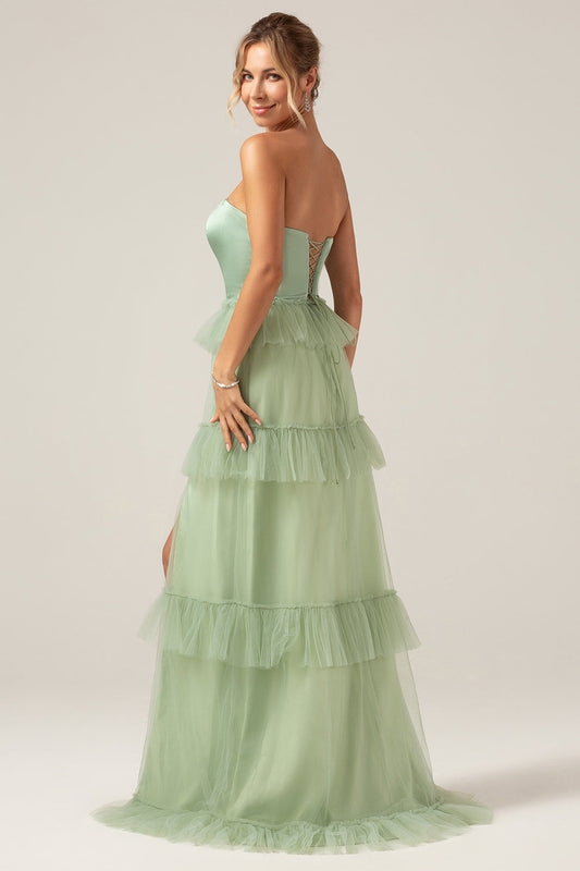 Matcha A-Line Strapless Long Bridesmaid Dress with Ruffles