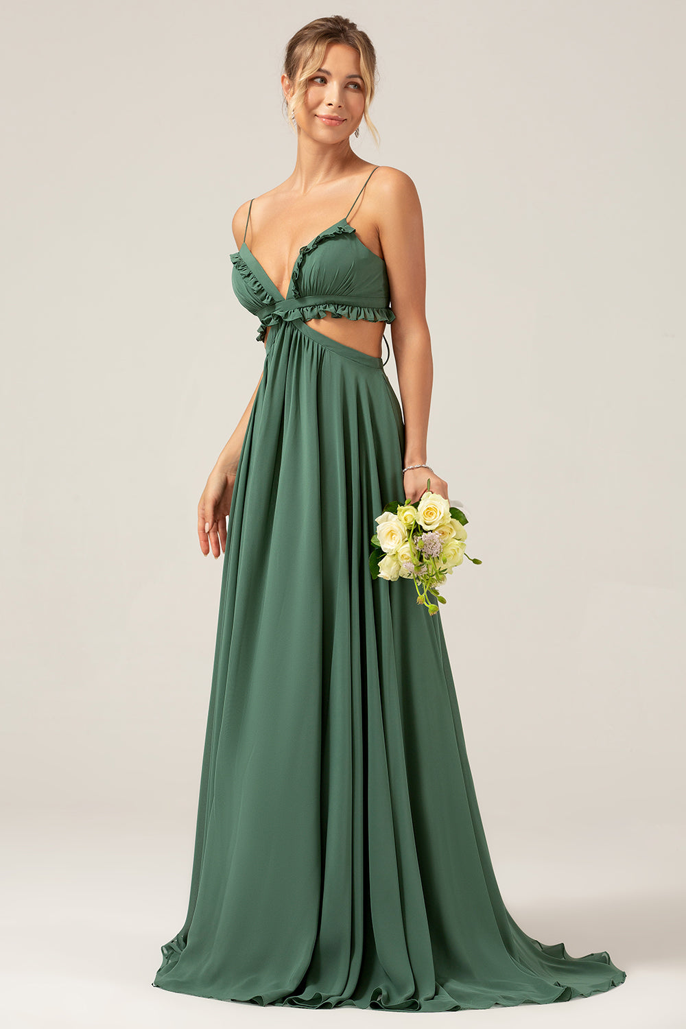Zapakasa Women Eucalyptus Bridesmaid Dress with Hollow-out Spaghetti Straps Ruffles A Line Wedding Party Dress Zapakasa Women Eucalyptus Bridesmaid Dress with Hollow-out Spaghetti Straps Ruffles A Line Wedding Party Dress