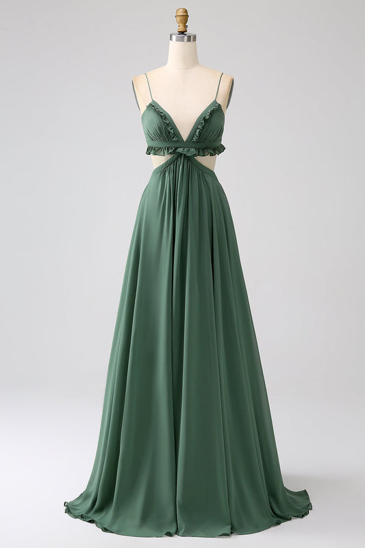Spaghetti Straps Ruffles Green Hollow-out Long Bridesmaid Dress