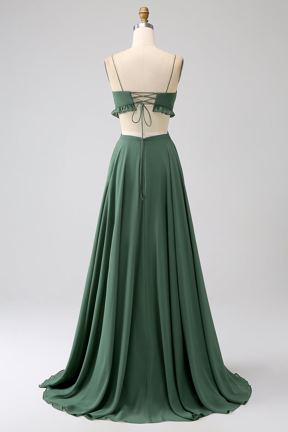 Spaghetti Straps Ruffles Green Hollow-out Long Bridesmaid Dress