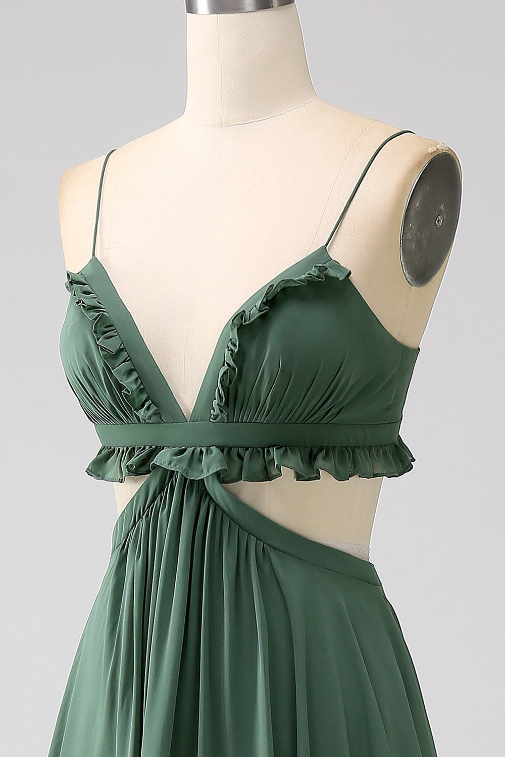 Zapakasa Women Spaghetti Straps Ruffles Green Bridesmaid Dress with Hollow-out A Line Wedding Party Dress Zapakasa Women Spaghetti Straps Ruffles Green Bridesmaid Dress with Hollow-out A Line Wedding Party Dress
