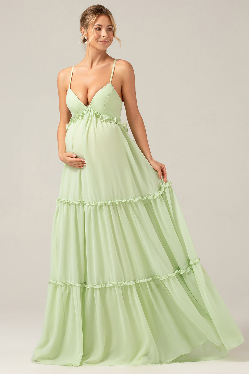 Zapakasa Women Ruffles Green Maternity Bridesmaid Dress with Lace-up Back A Line Long Wedding Party Dress Zapakasa Women Ruffles Green Maternity Bridesmaid Dress with Lace-up Back A Line Long Wedding Party Dress