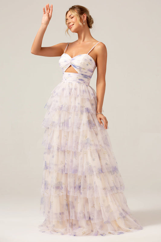 Tiered Princess Prom Dress with Pleated Lavender Flower Tulle Spaghetti Straps Long Party Dress