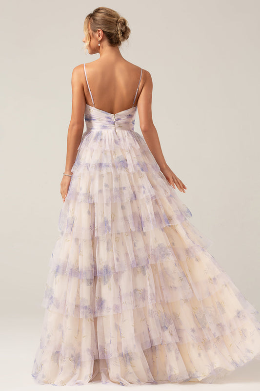 Lavender Flower Princess Spaghetti Straps Tiered Prom Dress with Pleated