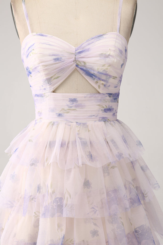 Lavender Flower Princess Spaghetti Straps Tiered Ball Dress