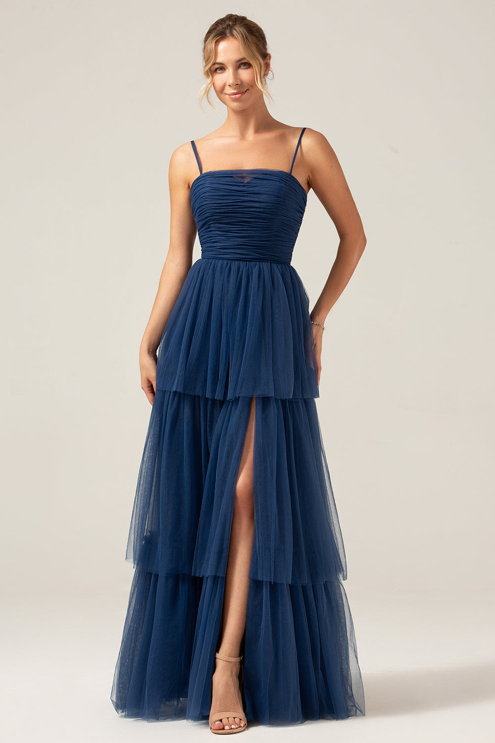 Zapakasa Women Navy Prom Dress with Slit Tulle A Line Spaghetti Straps ...
